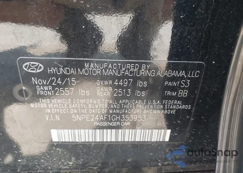 2016 Hyundai Sonata Se из США, поврежденный, VIN 5NPE24AF1GH353953